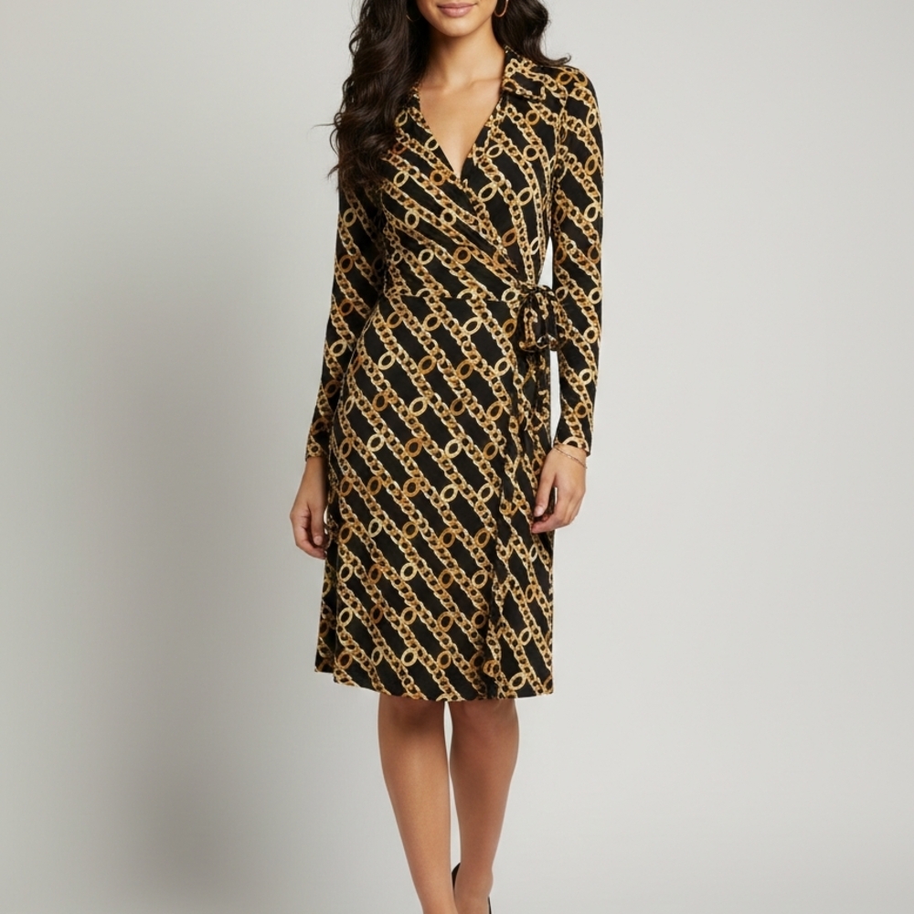 Calvin Klein Black & Gold Chain-Print Wrap Dress - Long Sleeve